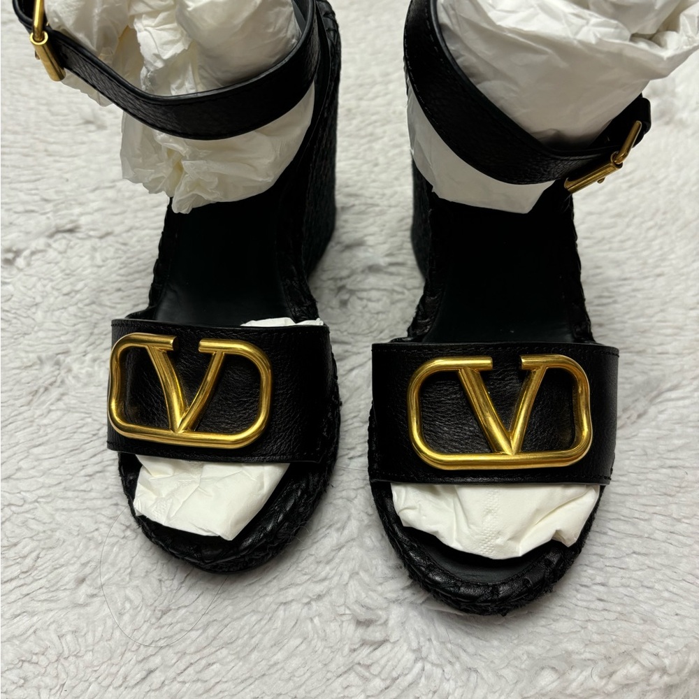Valentino Black and Gold Logo Sandals
